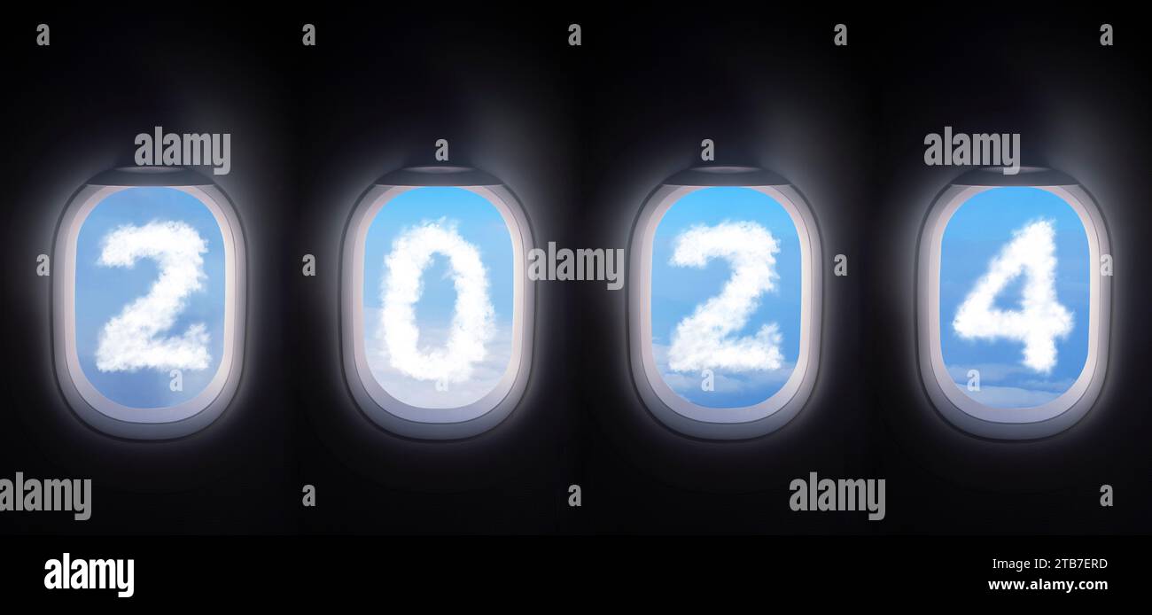 nuage 2024 en dehors de la fenêtre de l'avion, quatre fenêtres d'avion ouvrent le volet de fenêtre blanc large avec vue du ciel bleu et nuage blanc en forme de 2024 Banque D'Images