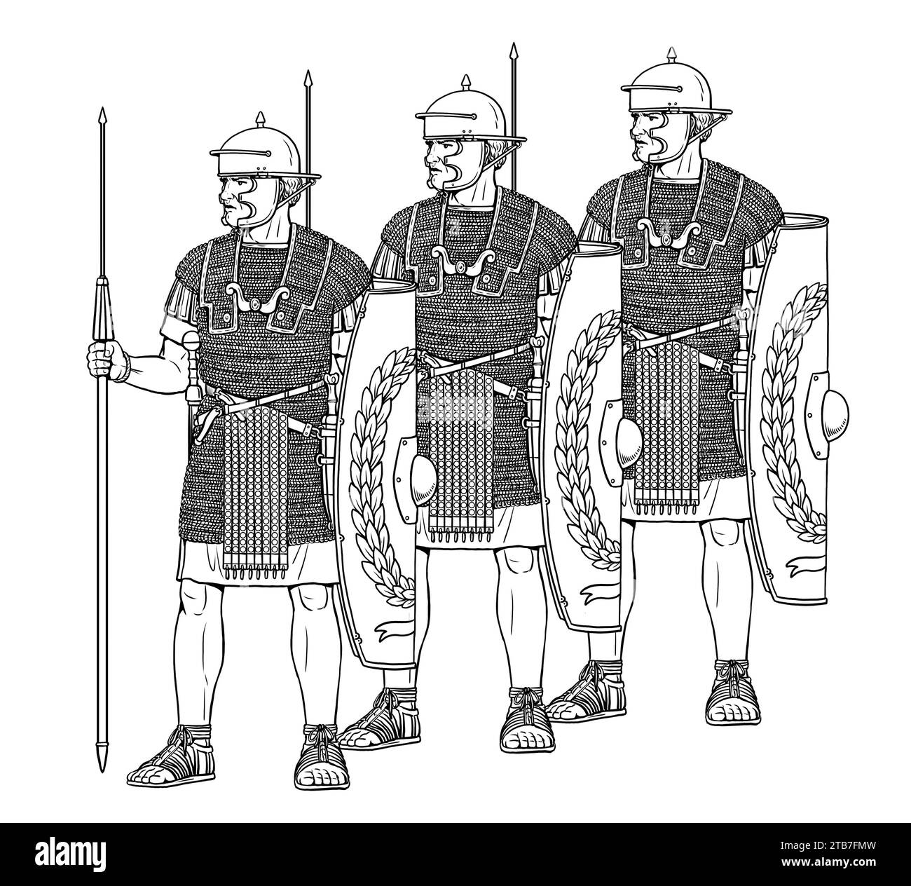 Cohorte romaine. Légionnaires avant la bataille. Dessin historique. Banque D'Images