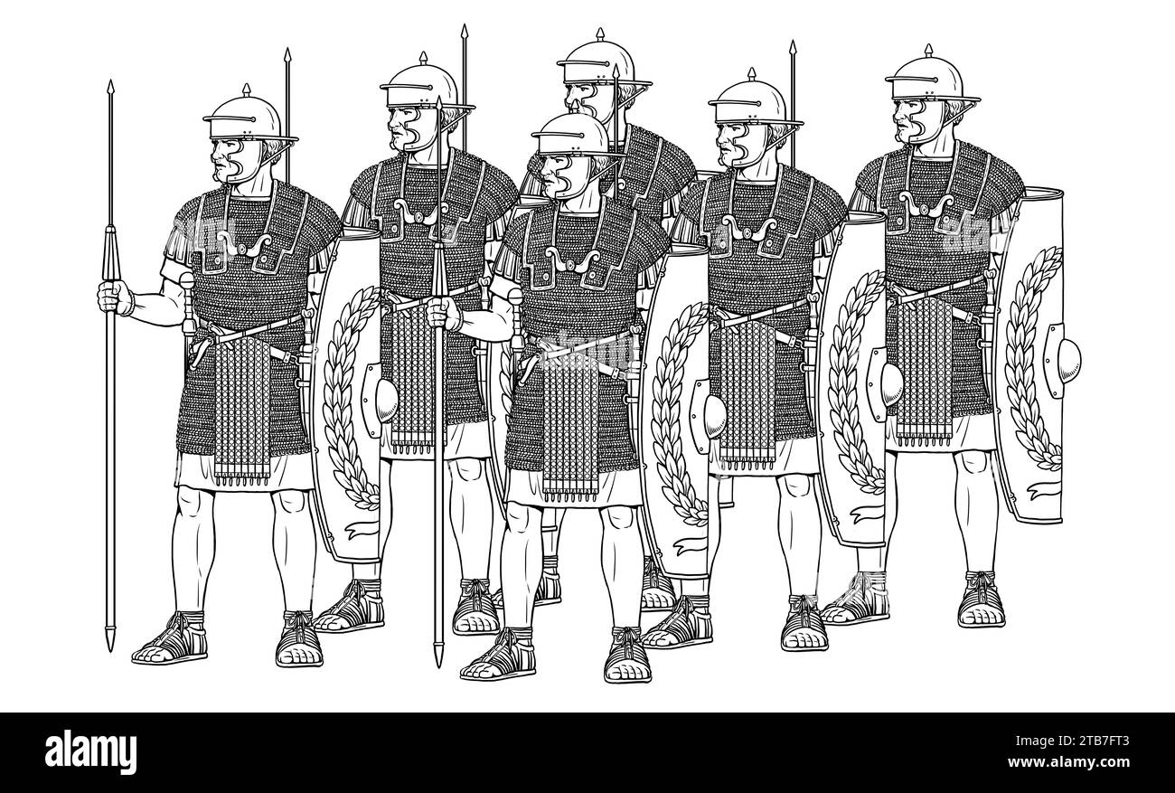 Cohorte romaine. Légionnaires avant la bataille. Dessin historique. Banque D'Images