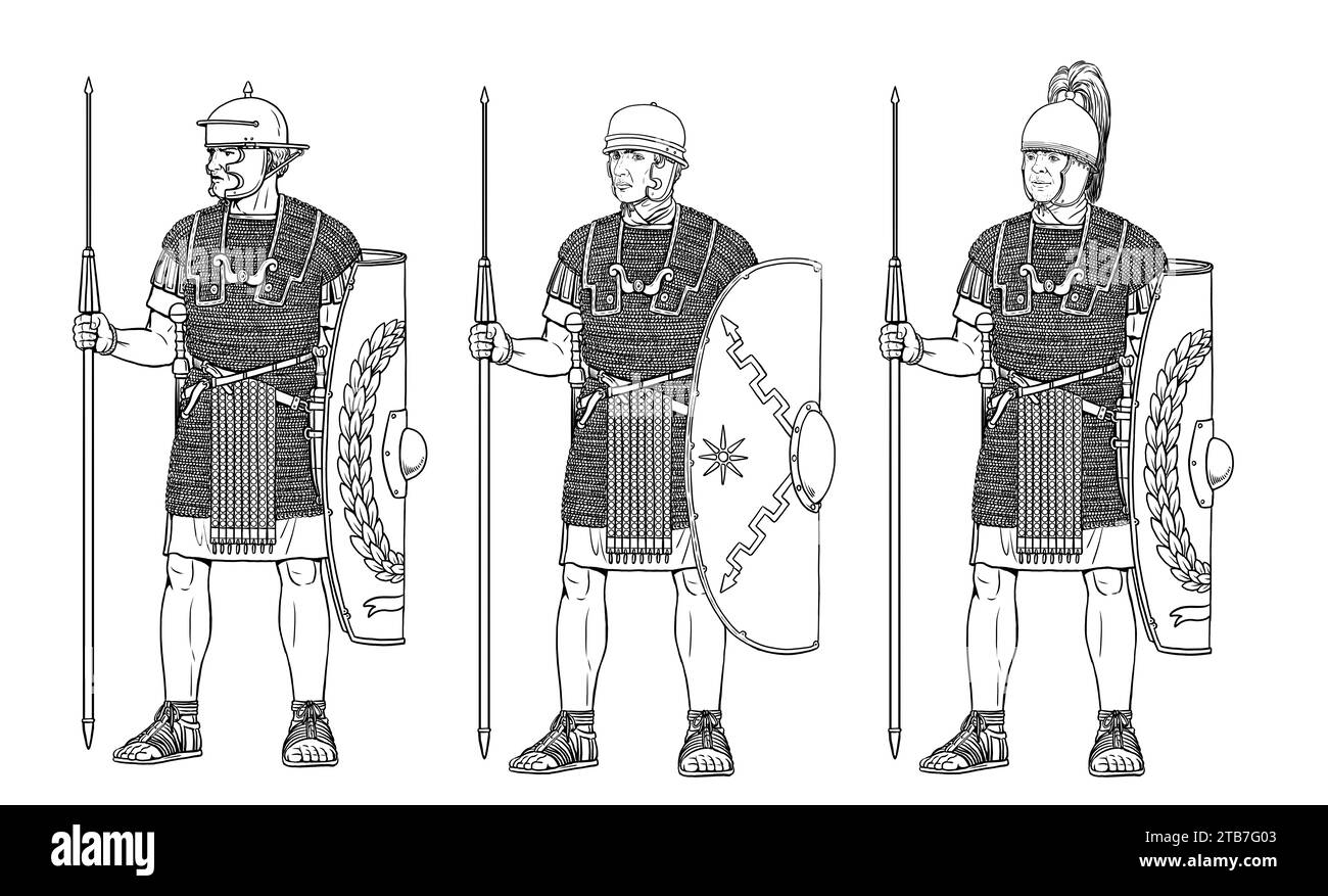 Légionnaires romains avant la bataille. Dessin historique. Banque D'Images