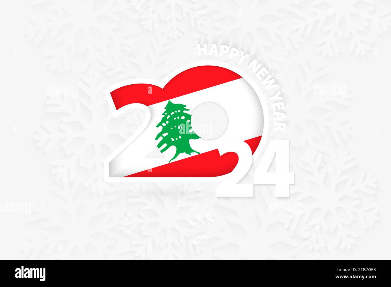Nouvel an 2024 pour le Liban sur fond de flocon de neige. Salut Liban avec nouvelle année 2024. Illustration de Vecteur