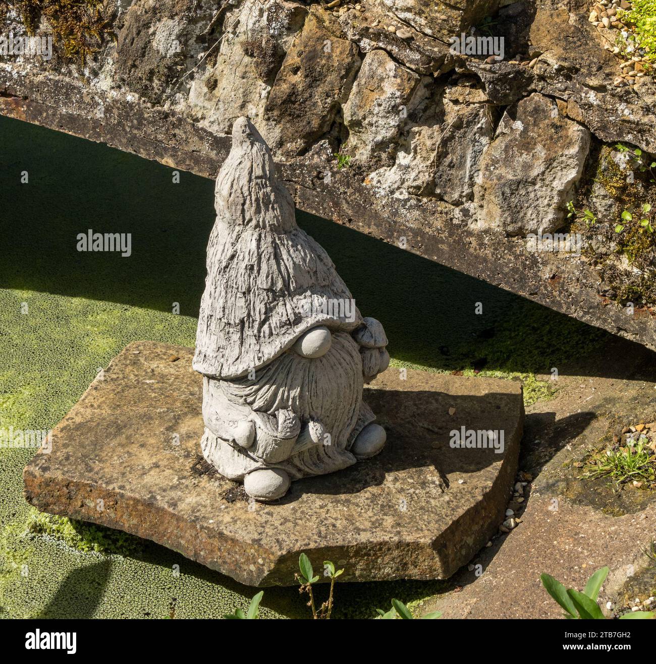 Amusant petit gnome de jardin en pierre / ornement de jardin de statue de troll nordique. Banque D'Images