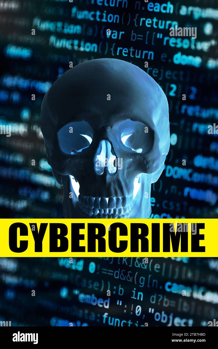 crâne et code informatique, concept de cybercriminalité Banque D'Images