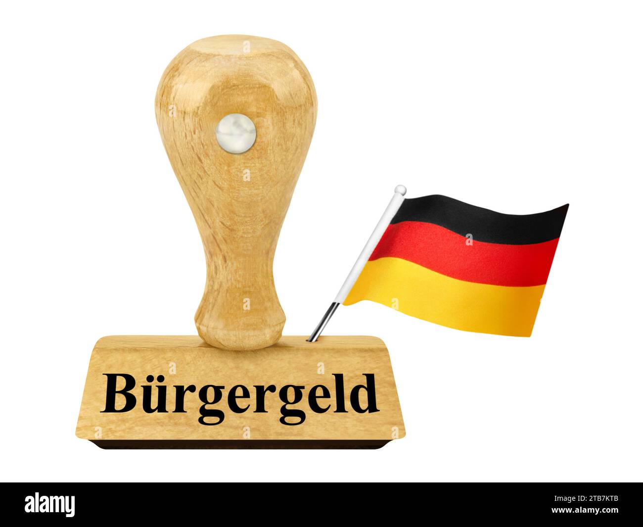 Timbre en bois et régime allemand de revenu de base avec drapeau isolé sur fond blanc Banque D'Images