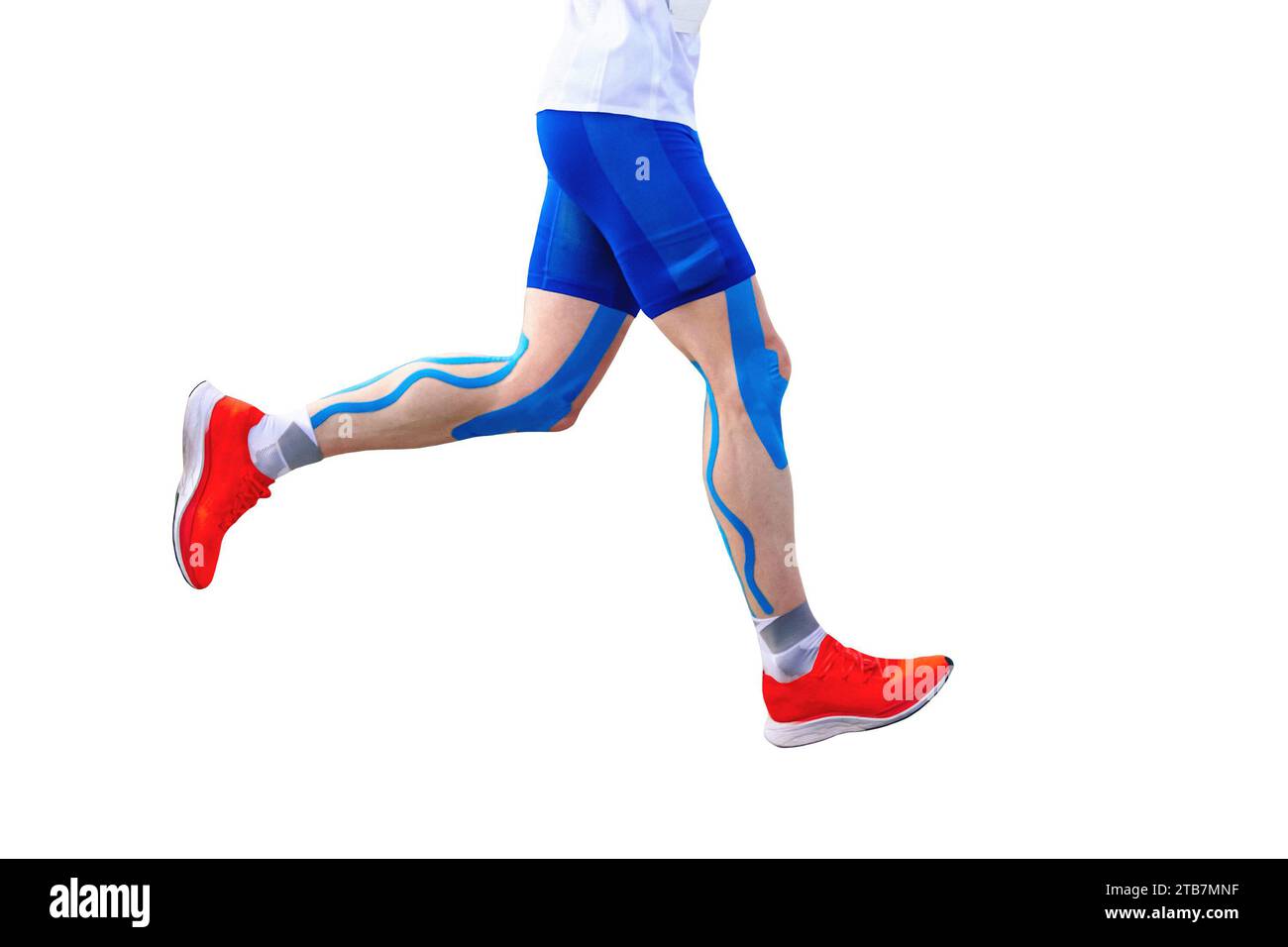 athlète de course de jambes en kinésiotaping bleu sur la cuisse, les muscles du mollet et les genoux, isolé sur fond blanc Banque D'Images athlète de course de jambes en kinésiotaping bleu sur la cuisse, les muscles du mollet et les genoux, isolé sur fond blanc Banque D'Images