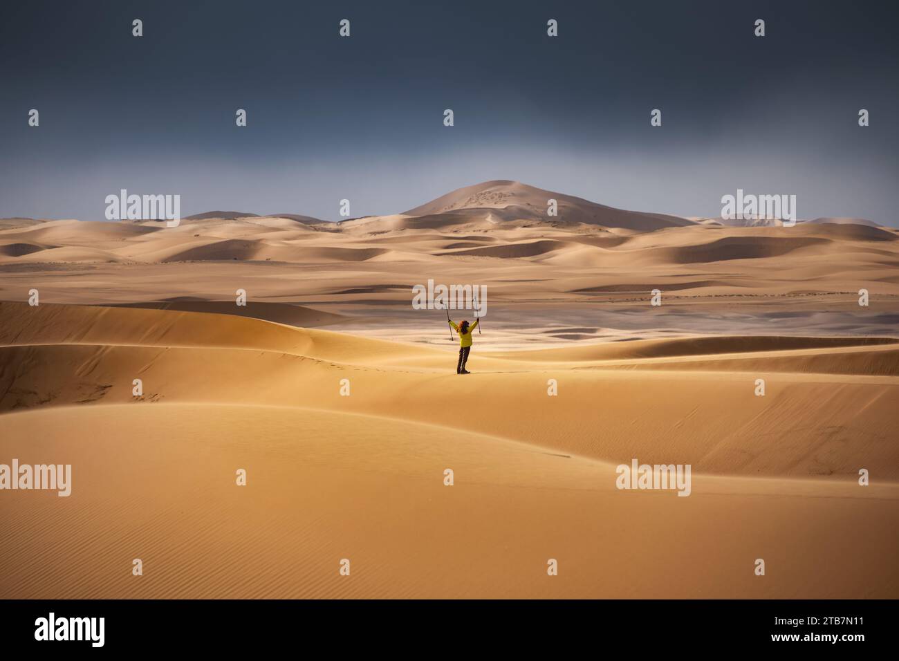 Touriste solo est debout avec des bâtons de randonnée dans la pose gagnante sur la dune de sable Banque D'Images