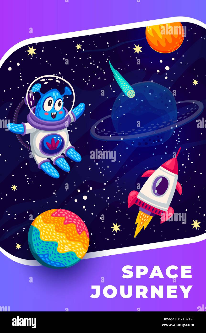 Vaisseau spatial extraterrestre de dessin animé et fusée dans l'espace de galaxie étoilée avec des planètes et des étoiles, affiche vectorielle. Aventure de voyage spatial et fond d'exploration de galaxie avec extraterrestre martien dans l'espace galactique Illustration de Vecteur