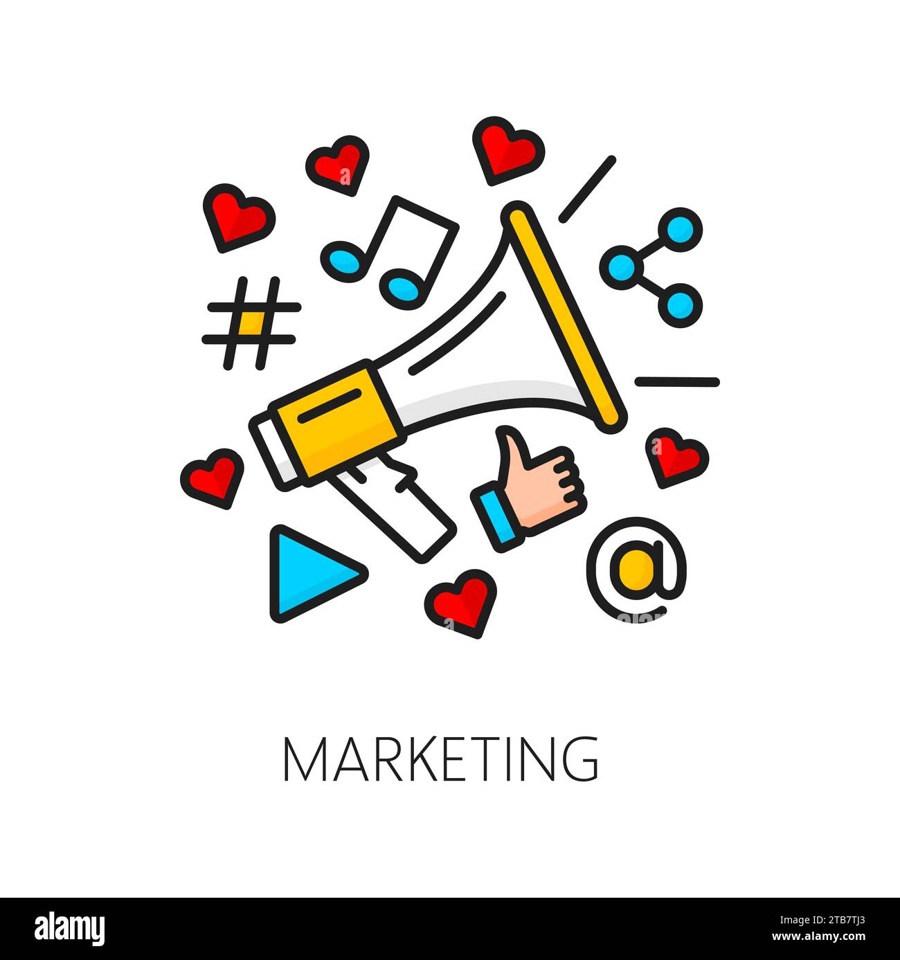 Icône marketing, SEM ou moteur de recherche pictogramme marketing pour les médias numériques, pictogramme vectoriel. Marketing d'entreprise et promotion de la marque dans les médias sociaux par SEM ou SEO, mégaphone et pouce vers le haut des icônes likes Illustration de Vecteur