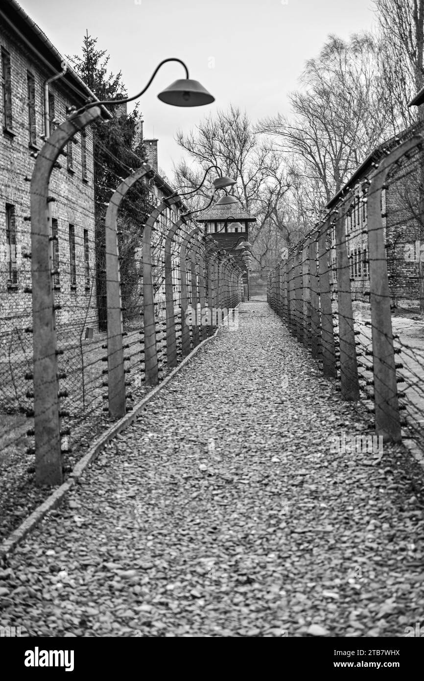 Pologne : sur le territoire des villes d'Oswiecim (Auschwitz en allemand) et de Brzezinka (Birkenau), appartient le camp de concentration d'Auschwitz-Birkenau Banque D'Images
