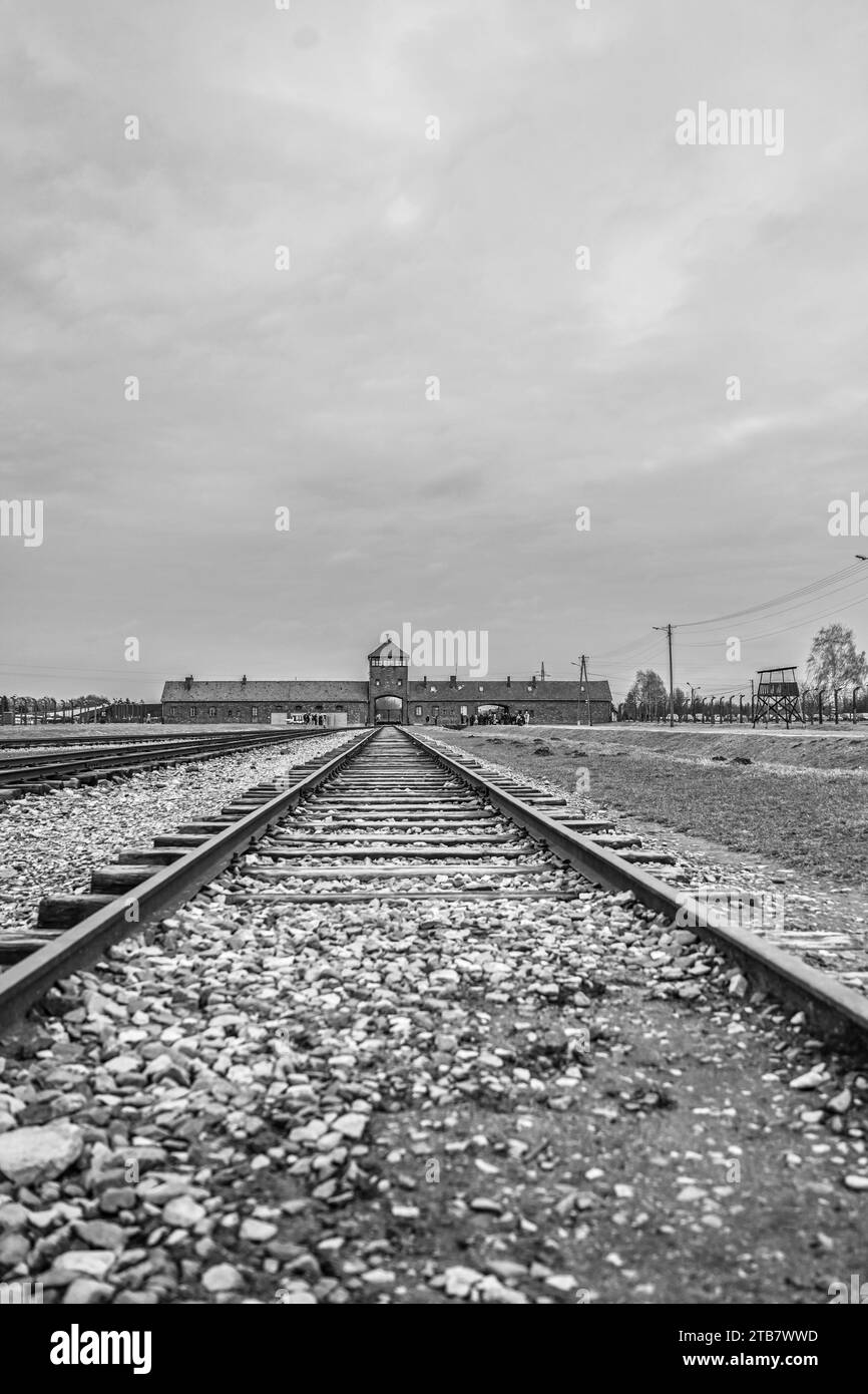 Pologne : sur le territoire des villes d'Oswiecim (Auschwitz en allemand) et de Brzezinka (Birkenau), appartient le camp de concentration d'Auschwitz-Birkenau Banque D'Images
