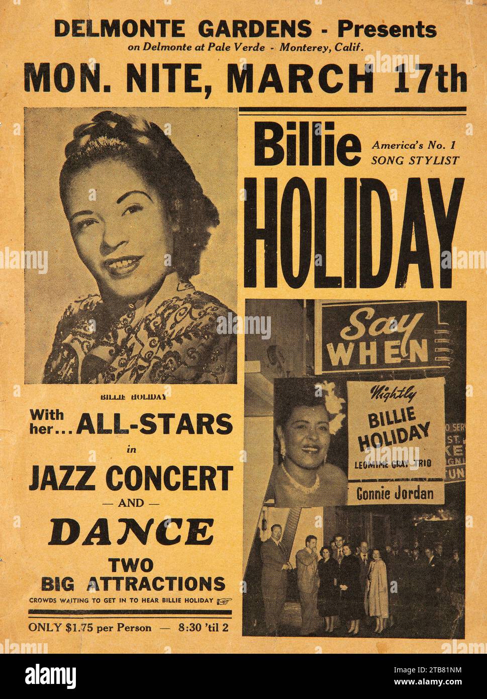 Billie Holiday 1958 large Jazz concert Handbill - flyer - Delmonte Gardens, Monterey, Californie Banque D'Images