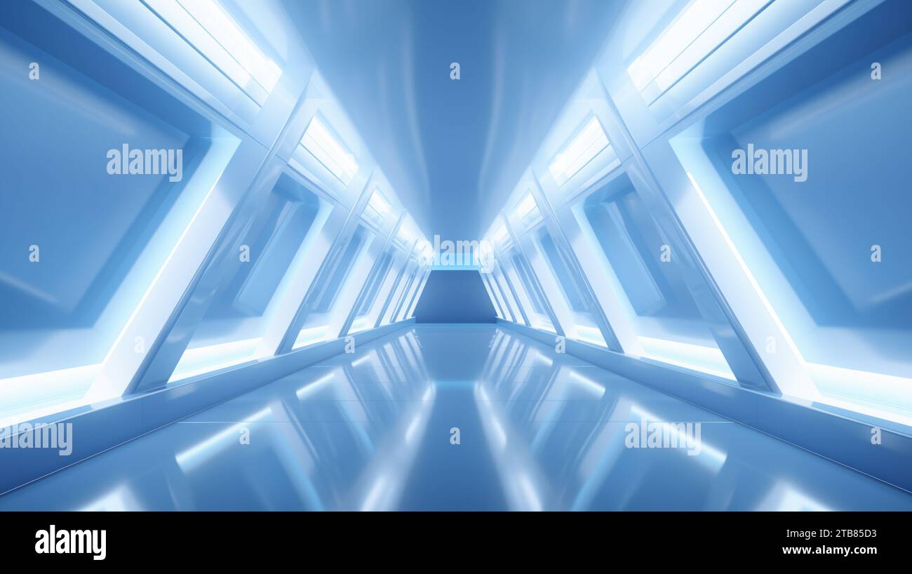 Tunnel de couloir du navire de la station spatiale, panneaux futuristes incandescents de couleur bleue, murs métalliques réflexion de la lumière. Étape podium long chemin. rendu 3d. Banque D'Images
