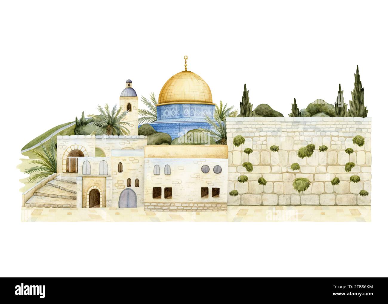 Mur occidental et Dôme du Rocher dans la vieille ville de Jérusalem illustration aquarelle. Paysage urbain de la capitale israélienne Banque D'Images