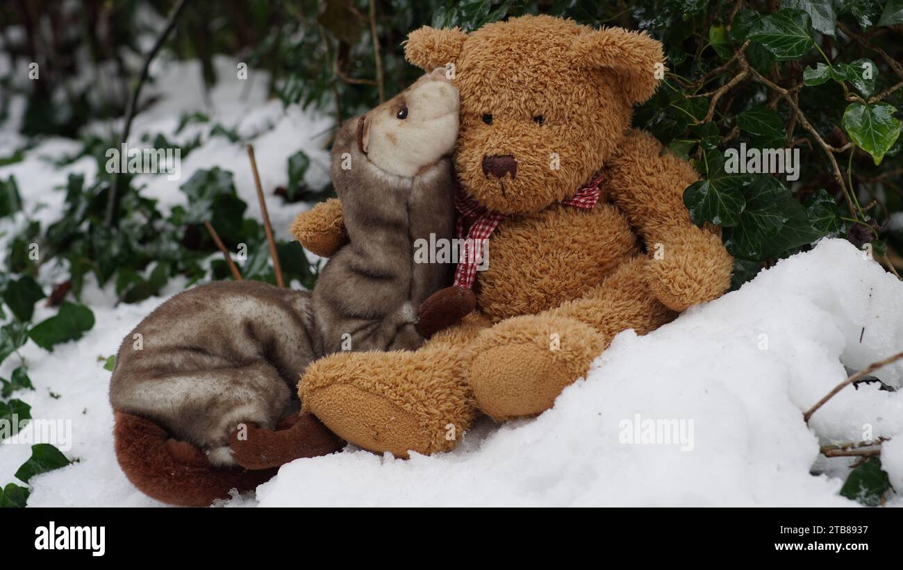 Un teddy tenant une martre jouet dans la neige. Banque D'Images