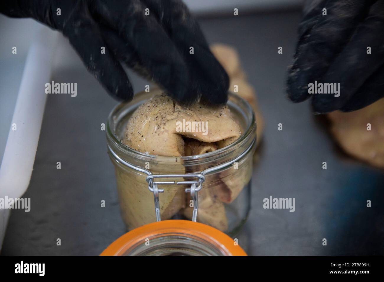 Préparation du foie gras de canard à la ferme du Haut-Pouyet à Saint-Aubin, dans le département des Landes (sud-ouest de la France). Foie gras assaisonné de sel A. Banque D'Images