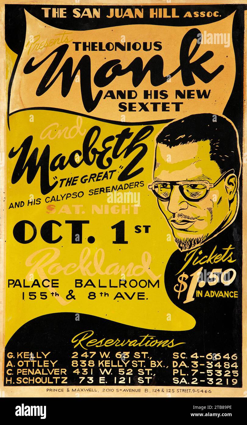 Affiche de jazz vintage - Thelonious Monk 1949 Harlem, Macbeth, New York affiche de concert - Palace Ballrome, 155th and 8th ave. Banque D'Images