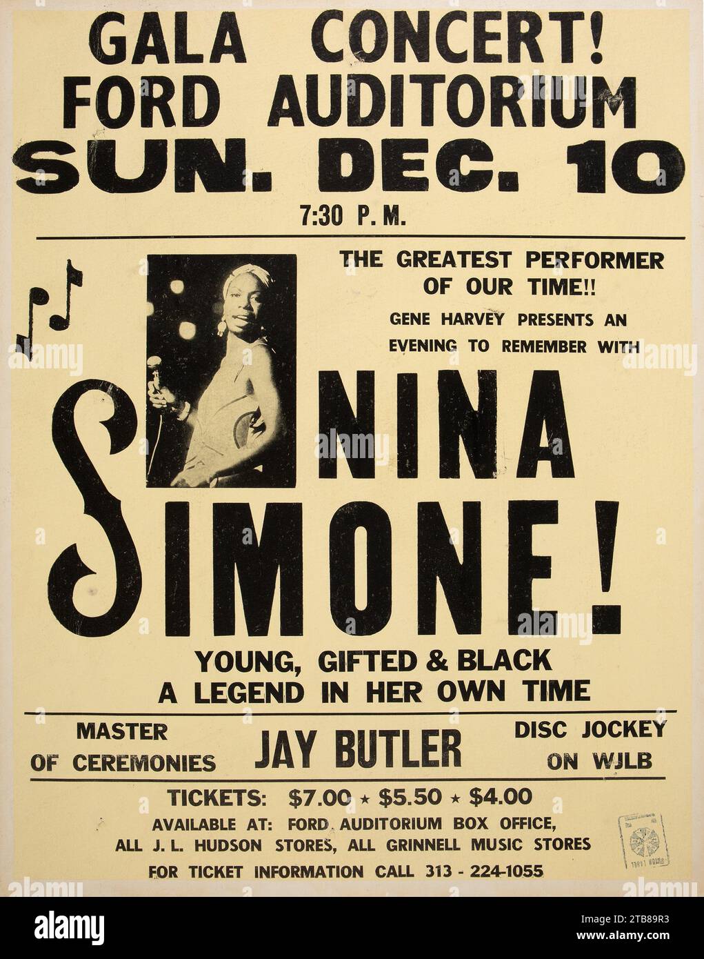 Nina Simone 'The Greatest Performer of Our Time' 1972, Detroit, affiche de concert de jazz - concert de gala! Ford Auditoriuim Banque D'Images