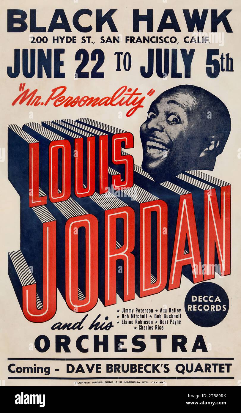 Affiche Jazz vintage - Louis Jordan Black Hawk concert Poster (début des années 1950) Banque D'Images