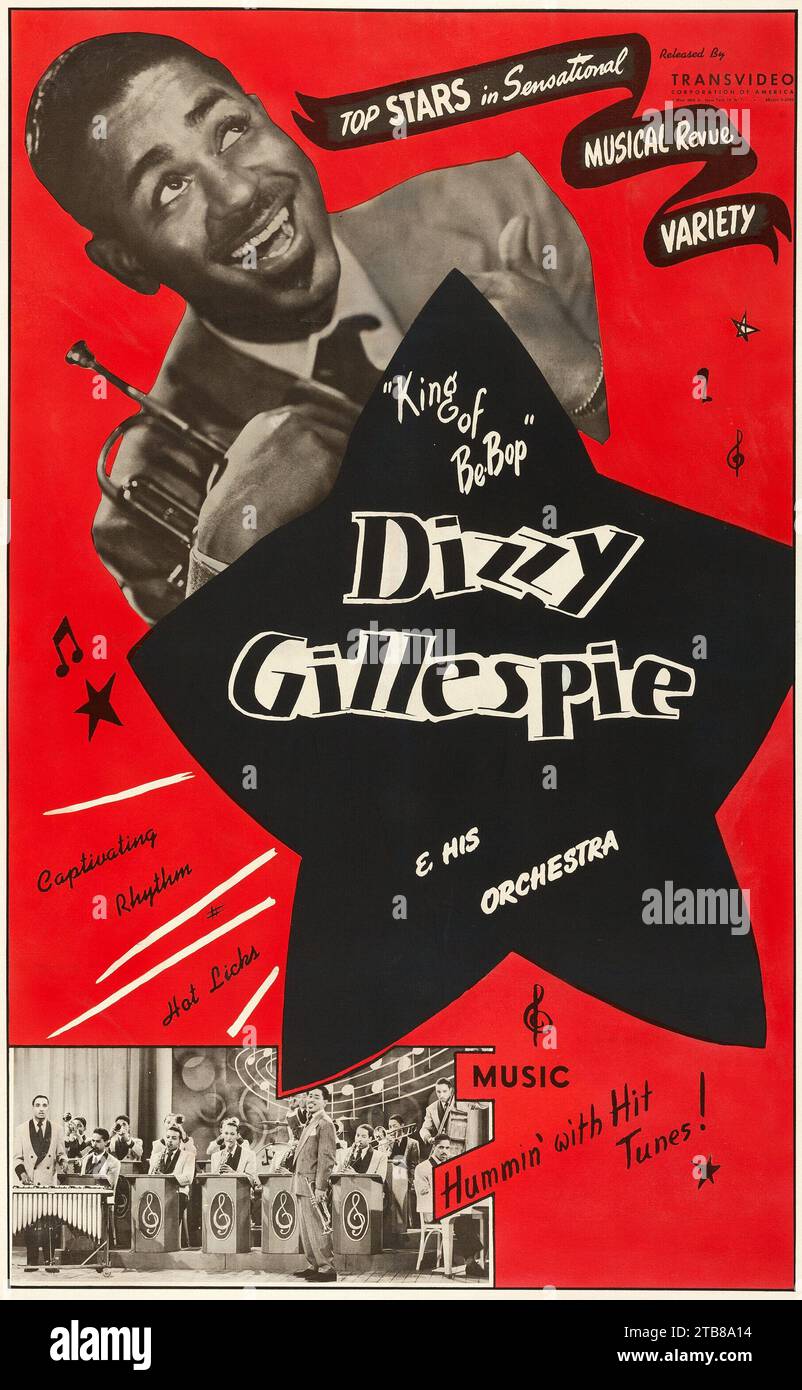 AFFICHE DE JAZZ - Dizzy Gillespie et son orchestre (Transvideo Corporation of America, années 1940) affiche de film documentaire de musique d'époque Banque D'Images