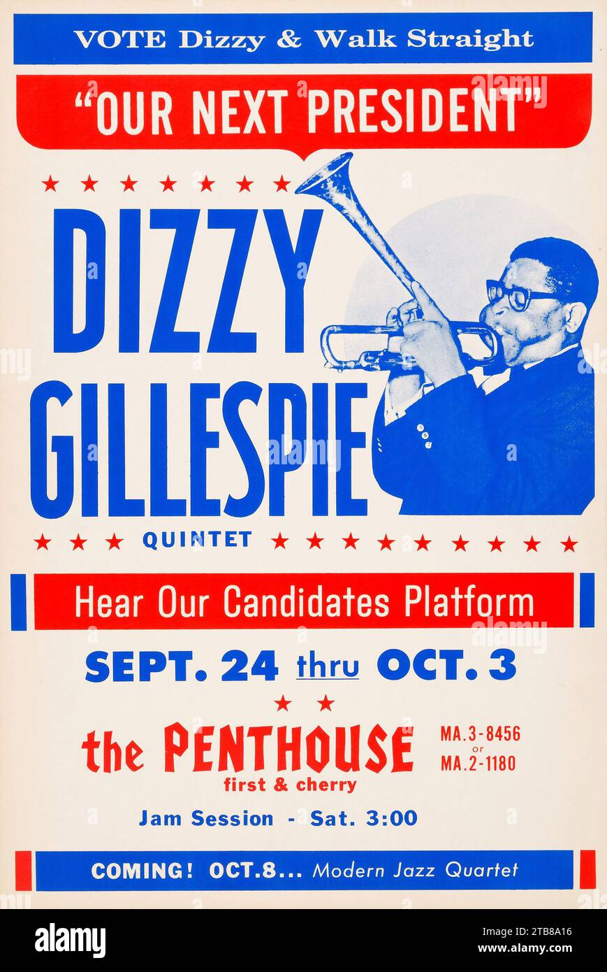 Affiche de jazz vintage - notre prochain président - vote Dizzy Gillespie Penthouse concert Poster (vers 1964) Banque D'Images