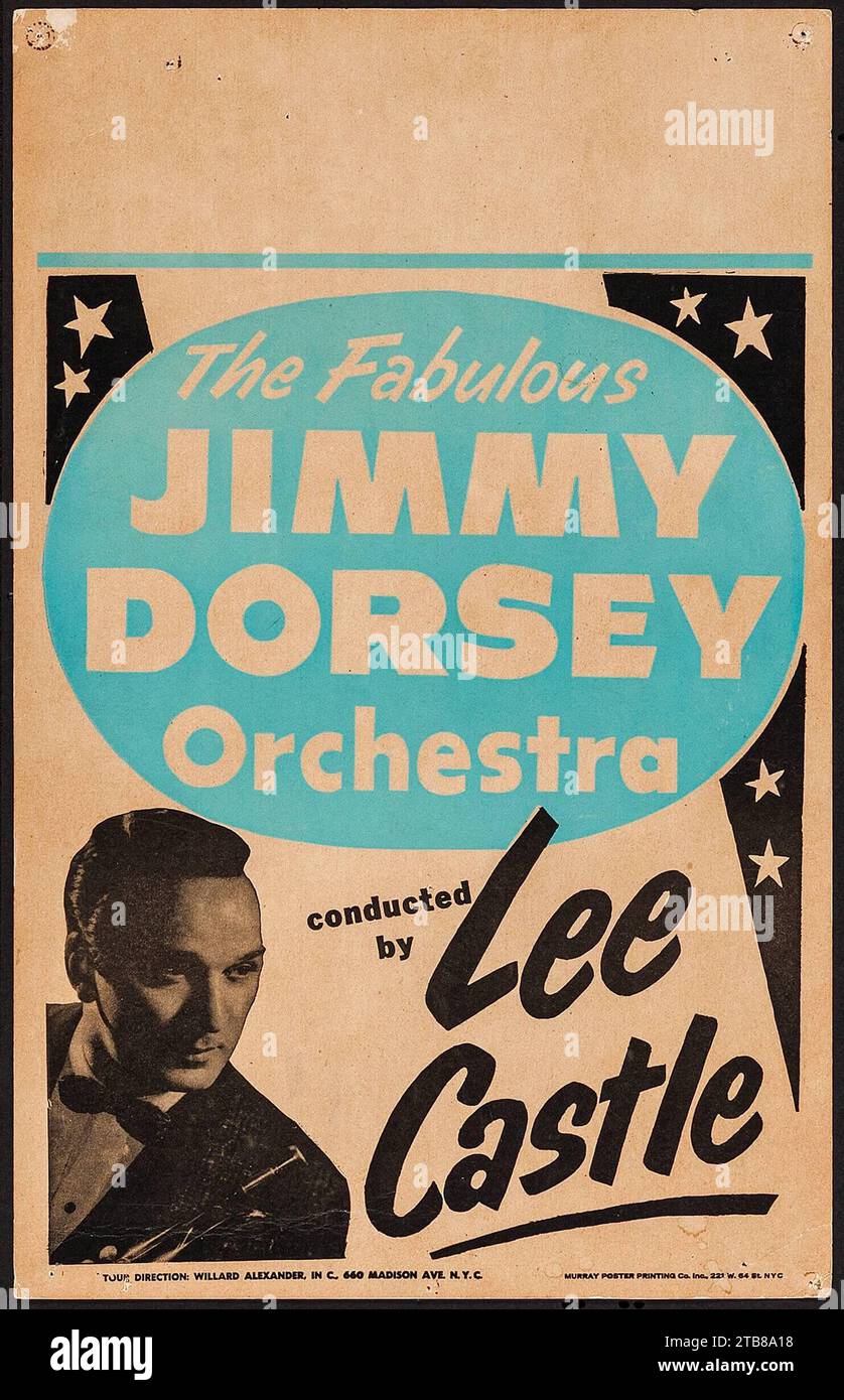 Affiche vintage Jazz - Lee Castle et l'orchestre Jimmy Dorsey (début des années 1950). Carte fenêtre Banque D'Images