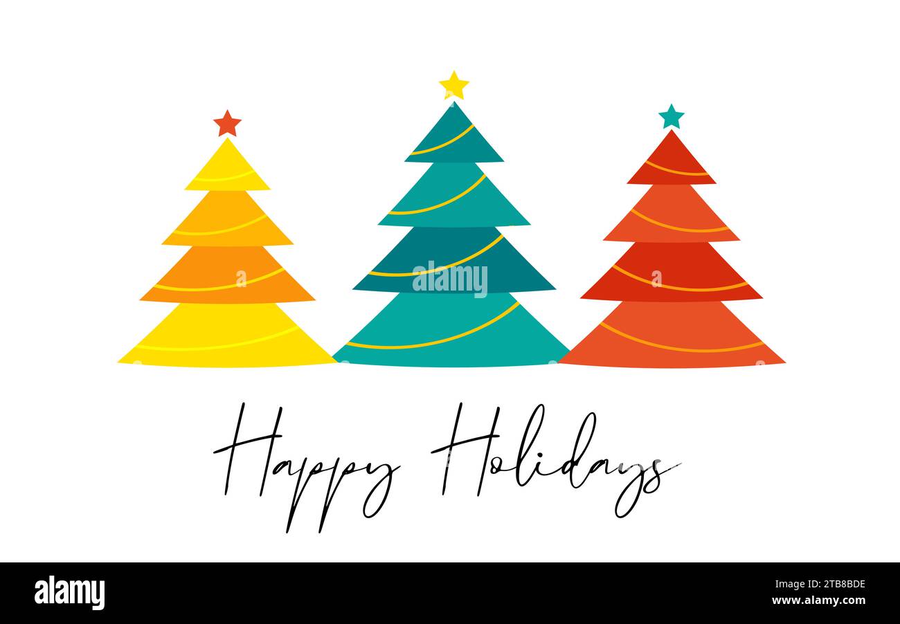 Joyeuses fêtes, carte de Noël avec des arbres de Noël colorés. Affiche pour le nouvel an 2024 avec arbre de Noël cool. Illustration vectorielle Illustration de Vecteur