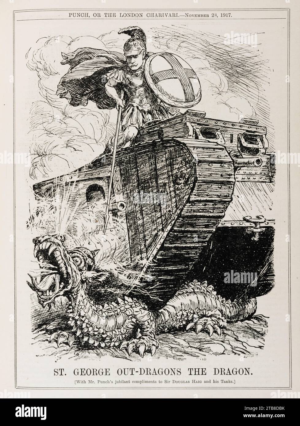 Un dessin animé de 1917 du magazine Punch montrant le « char » nouvellement inventé, qui avait été utilisé pour la première fois sur le champ de bataille l'année précédente. Le dessin montre le maréchal Sir Douglas Haig (un partisan de la nouvelle technologie) sous le couvert de St George tuant le dragon allemand Banque D'Images