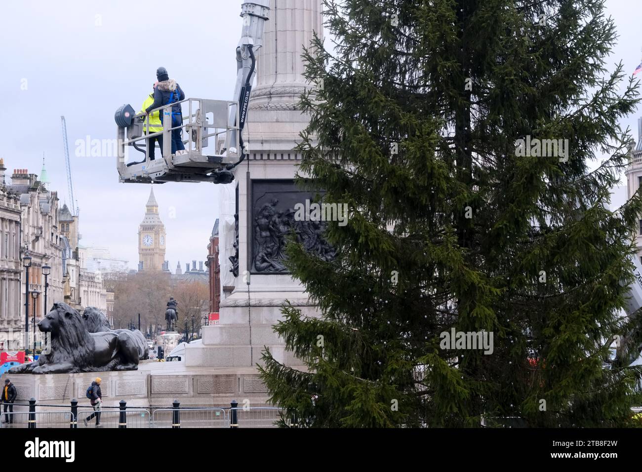 Trafalgar Square, Londres, Royaume-Uni. 5 décembre 2023. Placer les décorations et l'étoile comme l'arbre est installé dans Trafalgar Square. Crédit : Matthew Chattle/alamy Live News Banque D'Images