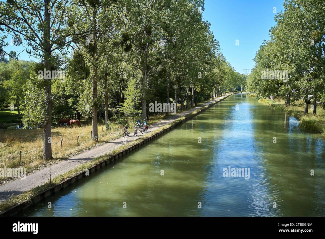 Gissey-sur-Ouche (nord-est de la France) : touristes à vélo le long du chemin de halage par le canal de Bourgogne Banque D'Images
