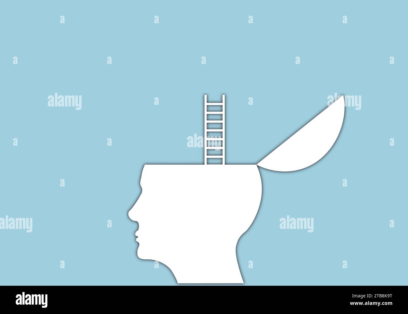pensez hors de la boîte tête ouverte tête humaine avec échelle dans le fond bleu Illustration de Vecteur