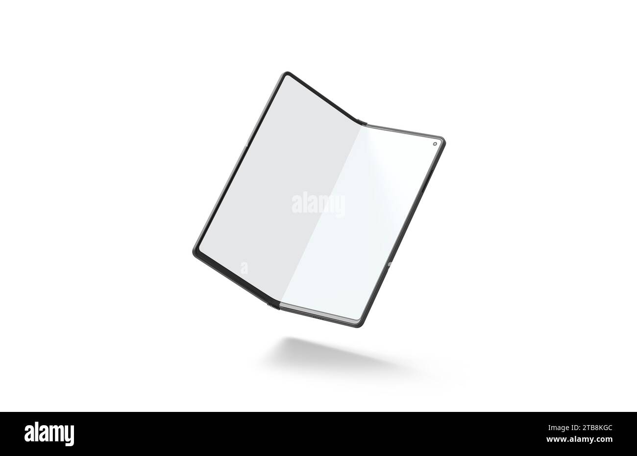 Maquette à moitié ouverte d'affichage de téléphone de livre blanc flexible, isolée, rendu 3D. Maquette d'innovation de smartphone numérique à rabat vide. Transparent portable t Banque D'Images