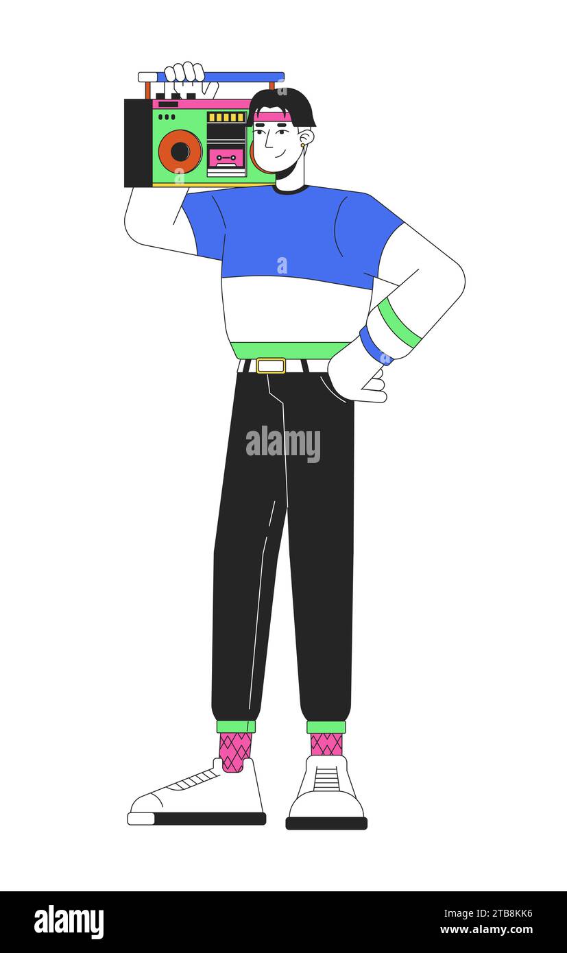 Portant boombox sur l'illustration plate de dessin animé de ligne d'épaule Illustration de Vecteur