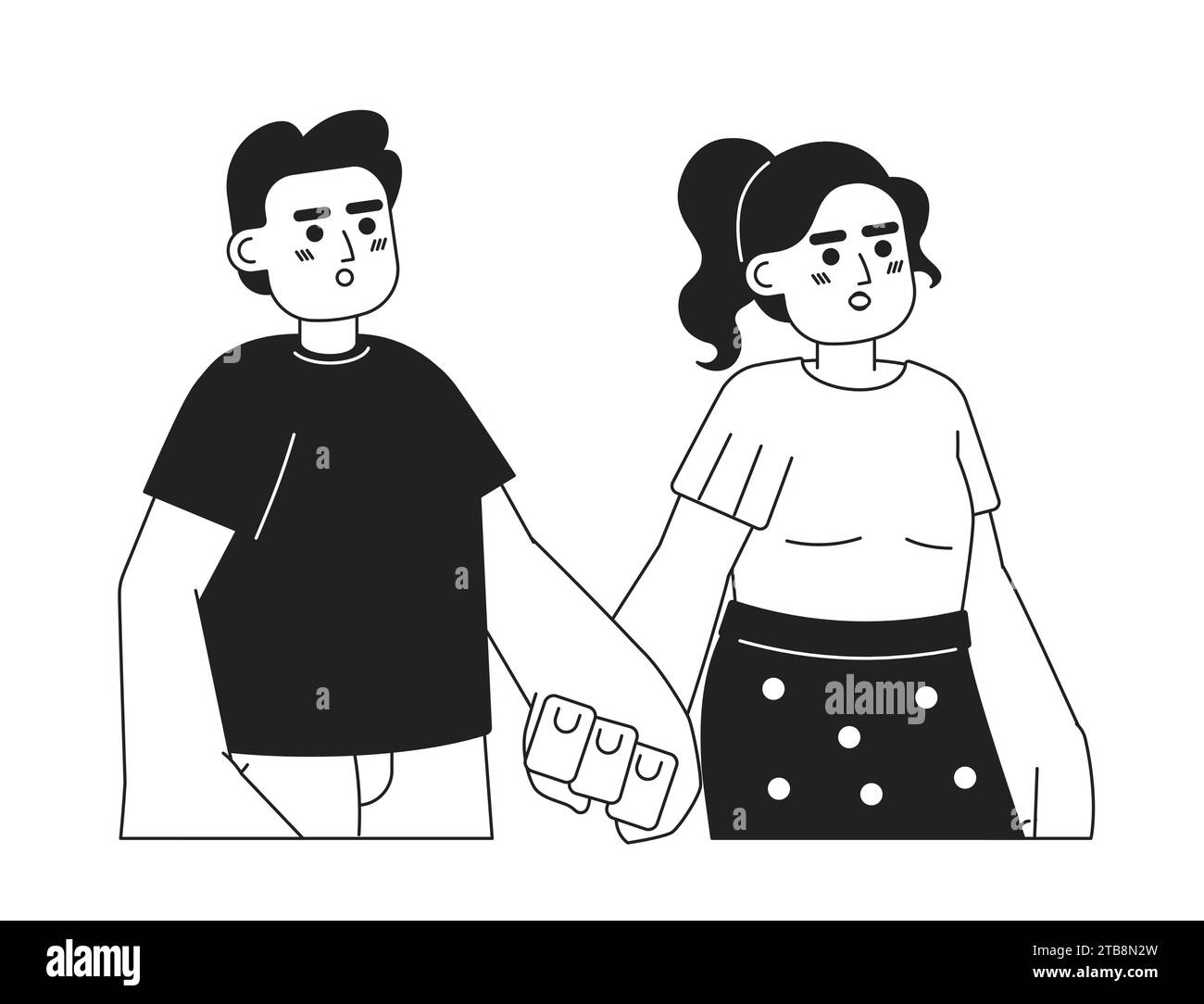 Femme mari latino-américaine tenant des mains des personnages de dessins animés 2D noir et blanc Illustration de Vecteur