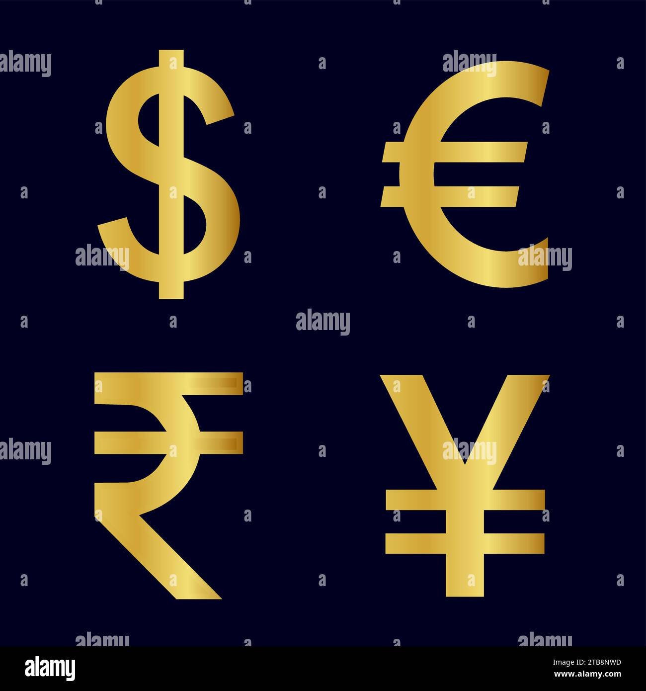 Ensemble de symboles de monnaie d'or Dollar, yen, Euro roupie isolé sur fond blanc Illustration de Vecteur