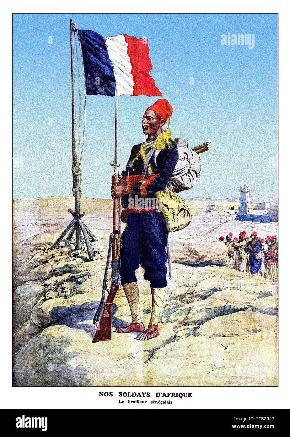 Tirailleur sénégalais en 1913, avant la première Guerre mondiale, devant le drapeau français. Nos soldats d'Afrique » (nos soldats africains), gravure de Banque D'Images
