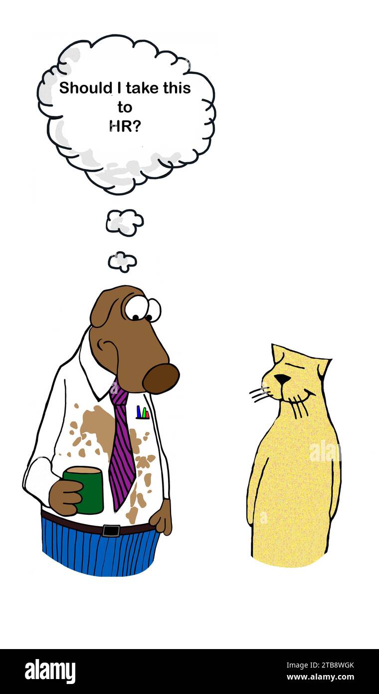Dessin animé en couleur d'un chien exécutif avec du café sur sa chemise, le chat l'a-t-il fait? Devrait-il apporter ça aux RH. Banque D'Images