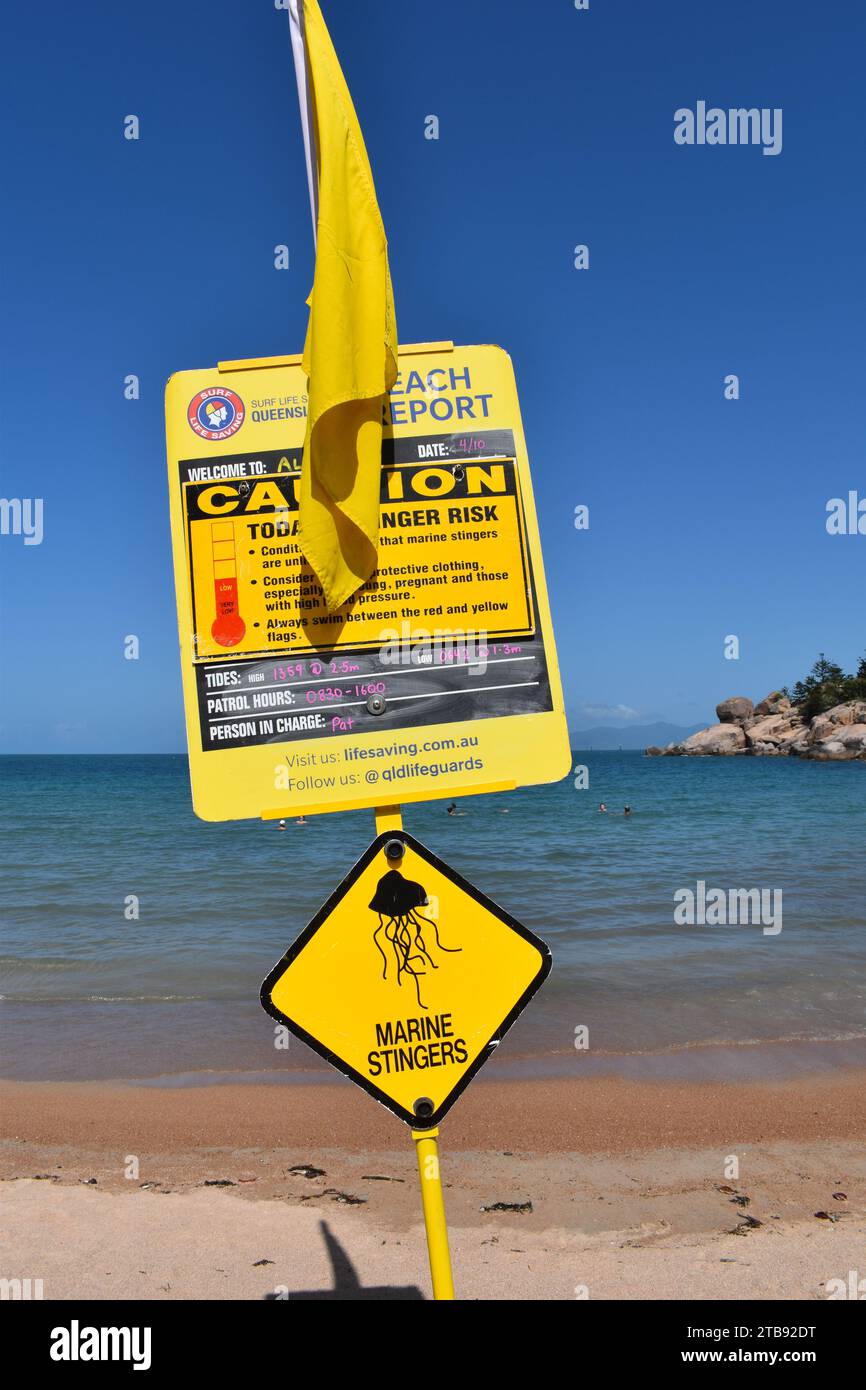 Surf Life Saving Beach Report avec drapeau jaune et avertissement de radars marins avec des gens dans la mer en arrière-plan, Alma Bay, Magnetic Island, Aus Banque D'Images