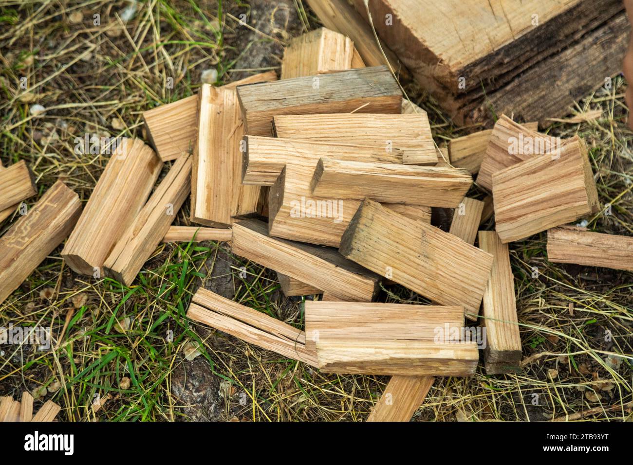 Gros plan de morceaux de bois hachés comme bois de chauffage couché sur le sol Banque D'Images