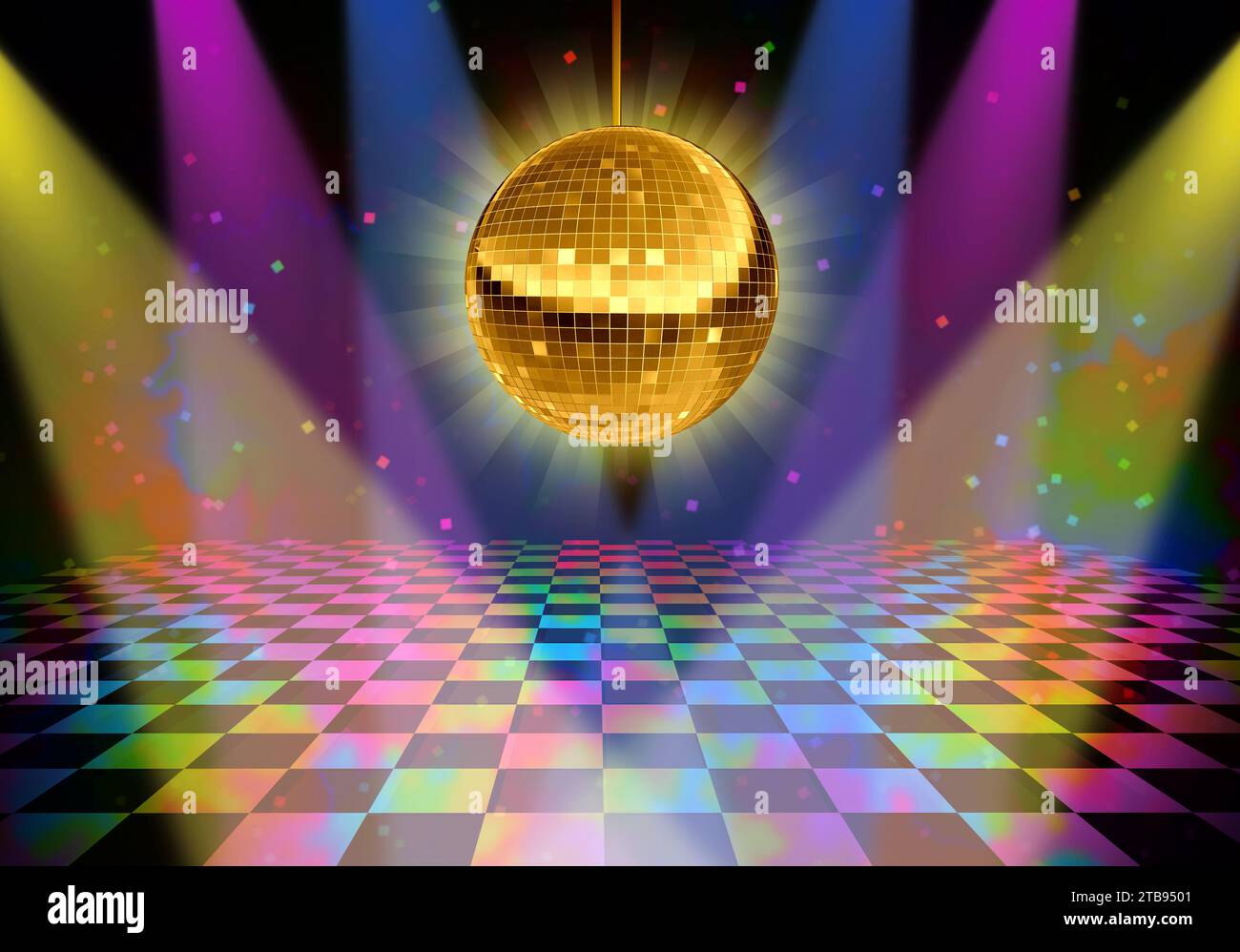 Discothèque nouvel an Dance Floor dans une boîte de nuit avec une boule miroir dorée comme symbole de la fête de danse DJ amusante dans une boîte de nuit ou un bar avec scène lumineuse Banque D'Images