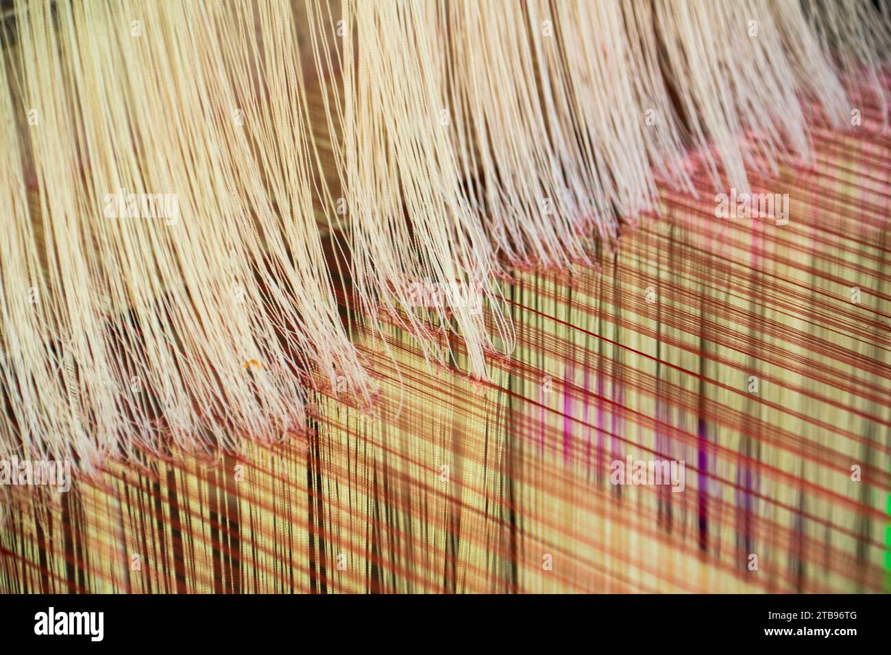 Brins de fil fin en cours de création de tissu sur un métier à tisser à Ock Pop Tock, le centre d'artisanat vivant ; Luang Prabang, Laos Banque D'Images