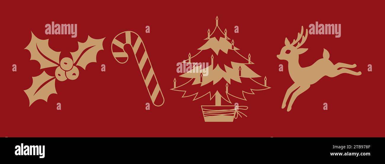 Ensemble d'icônes et de symboles de Noël et du nouvel an sur fond rouge. Renne, canne à sucre, baies de houx, arbre de Noël. Éléments décoratifs pour fest Illustration de Vecteur
