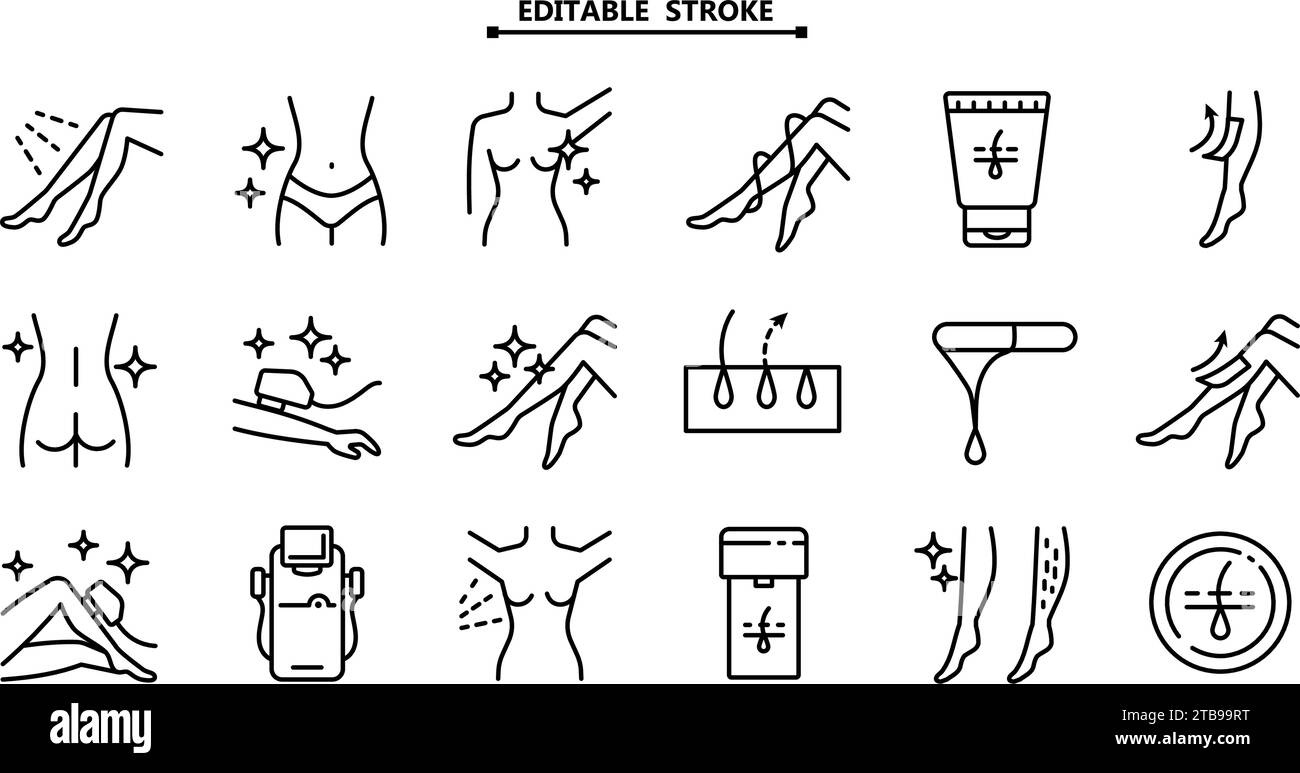 Jeu d'icônes d'épilation au laser. Contour modifiable. Icônes de ligne d'épilation laser. Signes d'épilation. Appareil d'épilation. Illustration vectorielle. Illustration de Vecteur