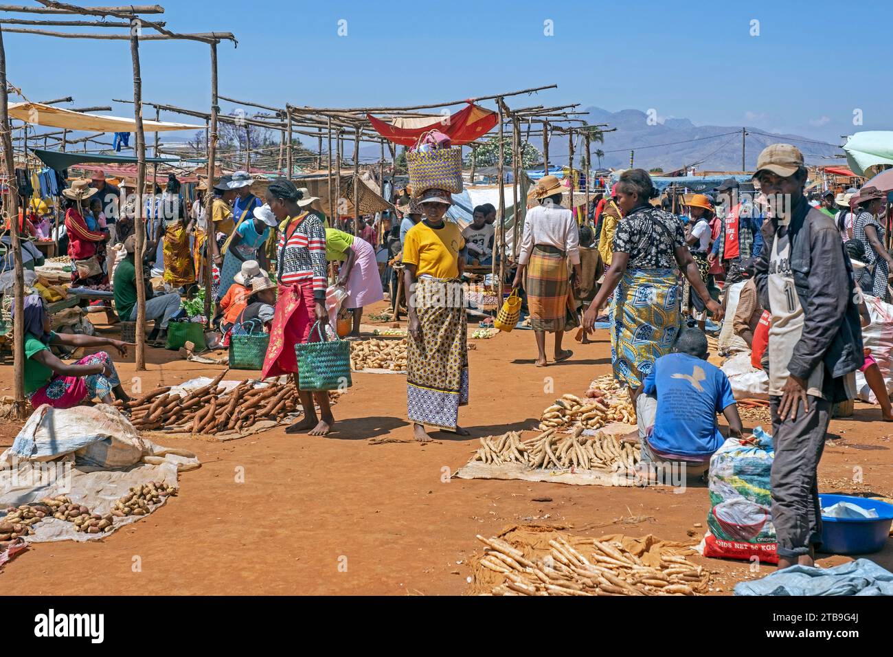 Vendeurs malgaches vendant des fruits et légumes au marché alimentaire dans la ville Ambalavao, haute Matsiatra, Hautes terres centrales, Madagascar, Afrique Banque D'Images