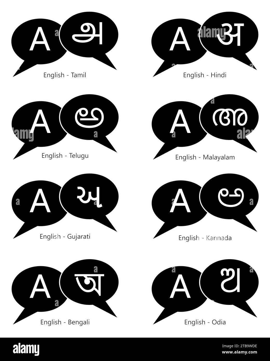 Ensemble de traduction de langues indiennes avec illustration vectorielle d'icône anglaise Illustration de Vecteur