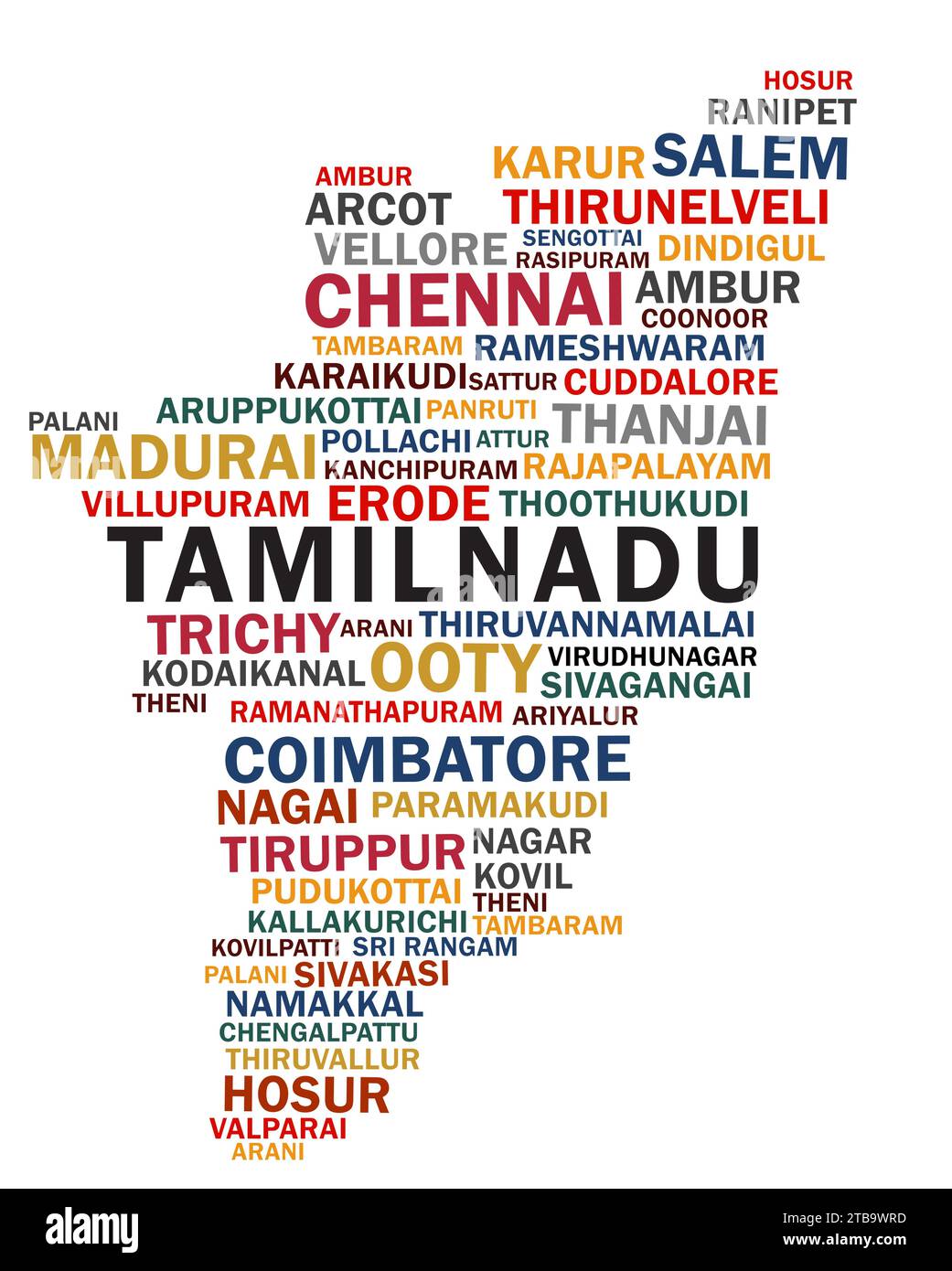 Tamil Nadu carte formée avec les villes Tamilnadu nuage du monde Illustration de Vecteur
