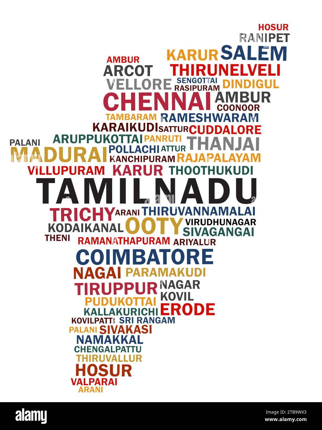 Tamil Nadu carte formée avec les villes Tamilnadu nuage du monde Illustration de Vecteur