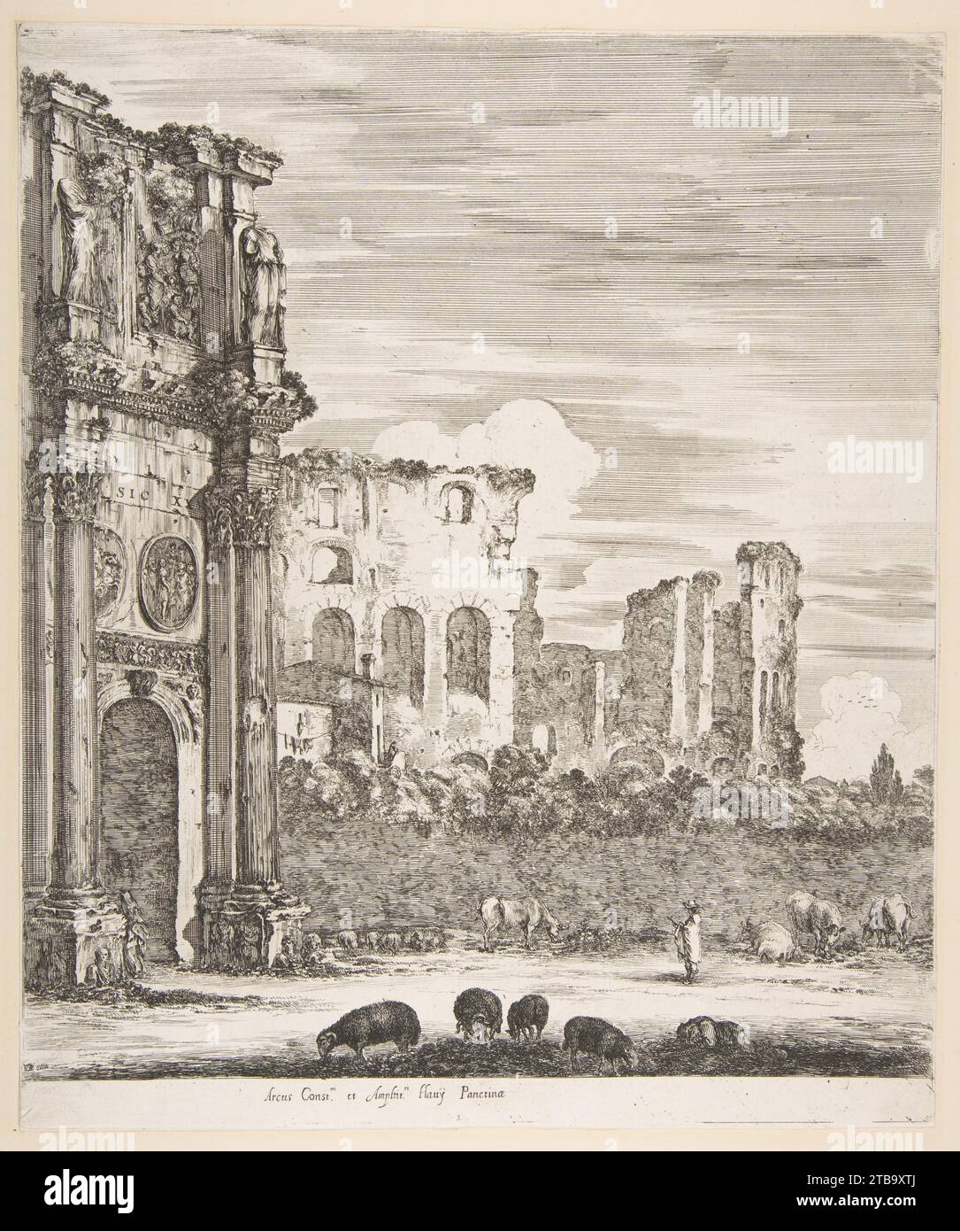 Arc de Constantin et Colisée avec des moutons paissant au premier plan, de 'six grandes vues, quatre de Rome, et deux de la campagne romaines' (six grandes vues, dont quatre de Rome et deux de la campagne romaine) 1917 par Stefano della Bella Banque D'Images