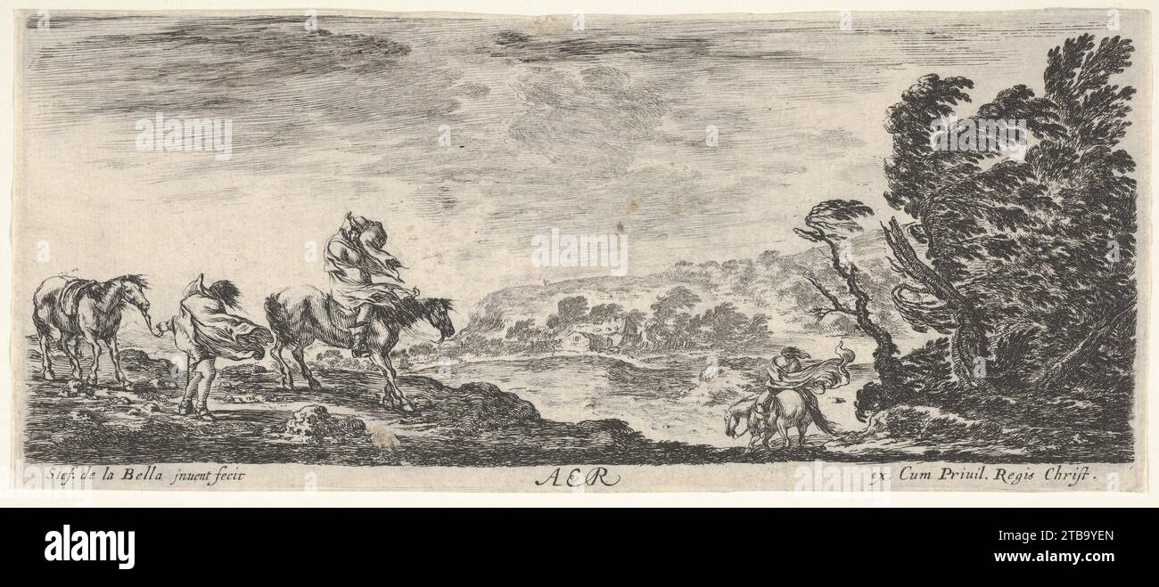 L'air, un paysage lors d'un ouragan, trois cavaliers luttant contre le vent, une masse d'arbres à droite, de 'les quatre éléments' (les quatre éléments') 2012 de Stefano della Bella Banque D'Images