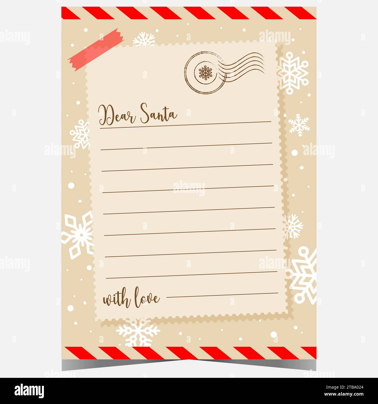 Modèle de lettre de Noël au Père Noël avec des flocons de neige en arrièreplan. Liste de