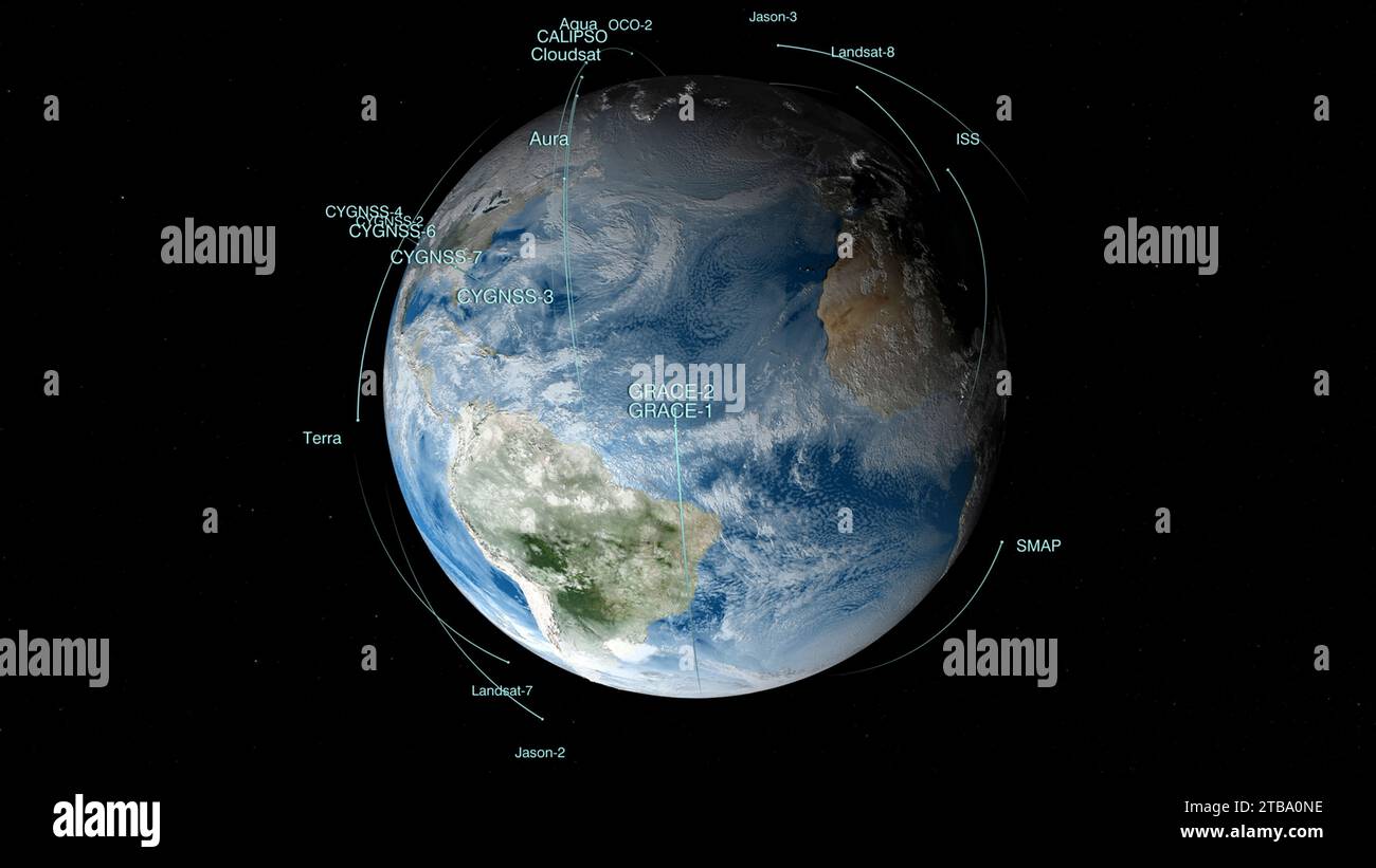 Visualisation montrant des satellites d'observation de la Terre en orbite autour de la Terre. Banque D'Images